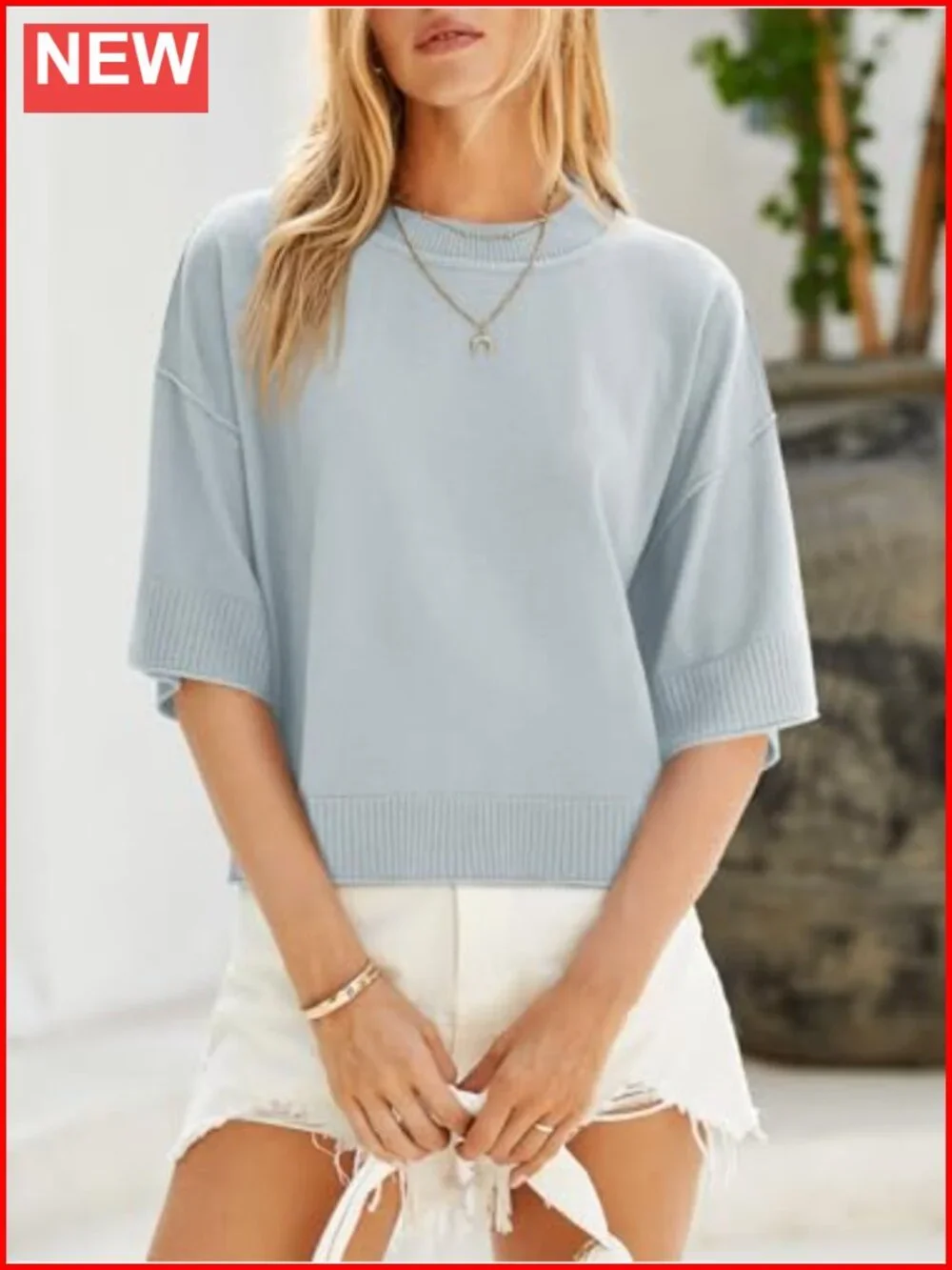 Womens Oversized Cropped Short Sleeve Sweater Knit Pullover Top